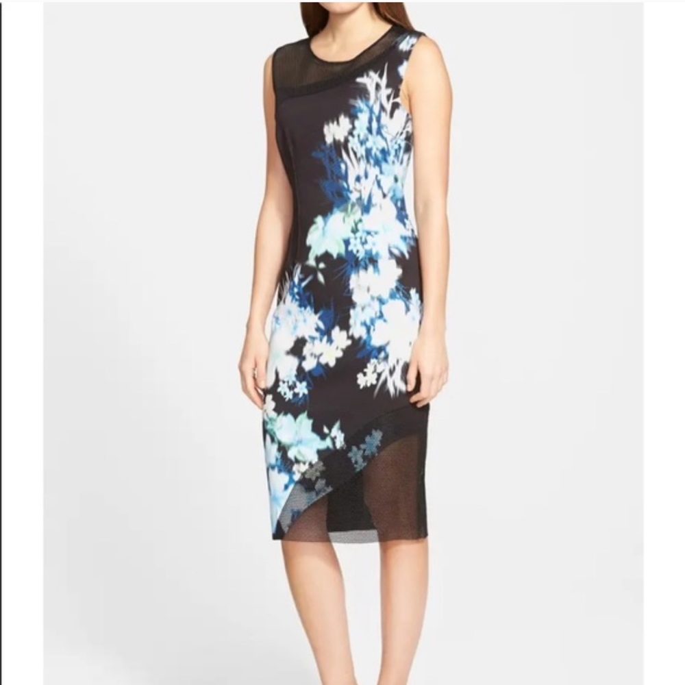 🏷 NWT. Elie Tahari Floral Dress with Mesh Panels.